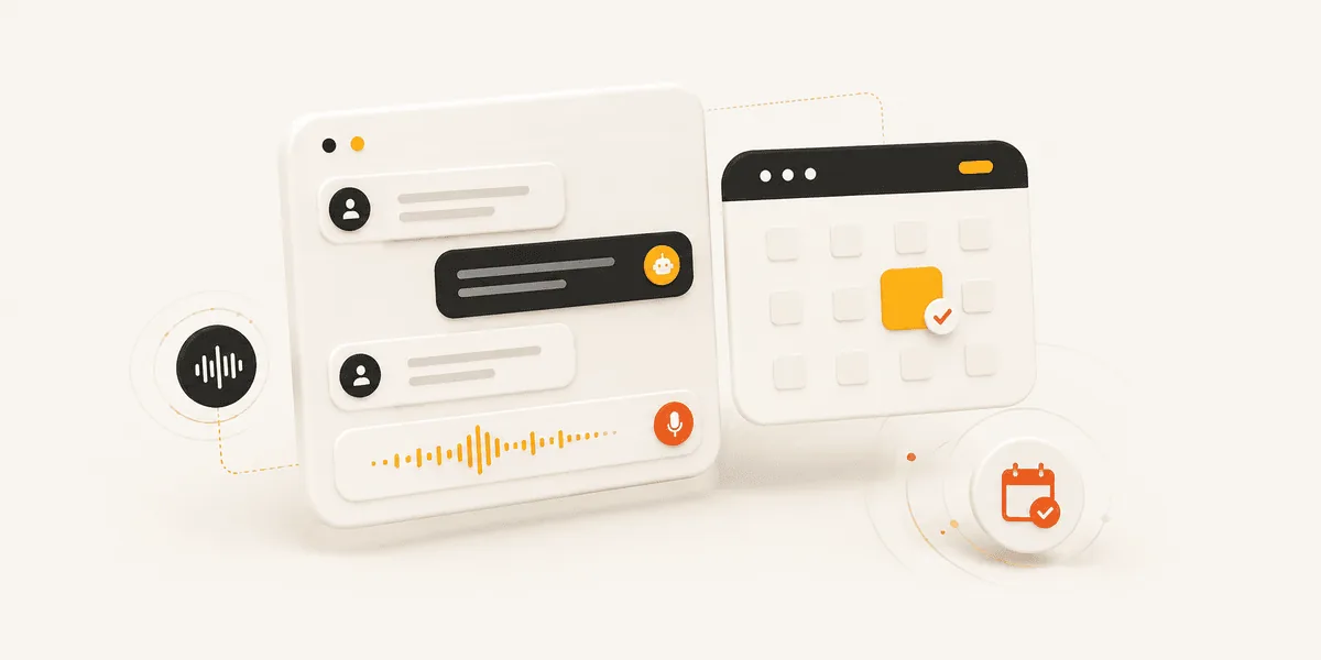 AI Sales & Automation — chat and voice agent booking flow mockup